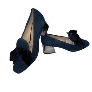 karl lagerfeld blue suede shoes black velvet bows silver mirrored heels …
